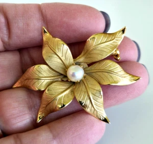 Vintage Genuine Pearl Flower  Leaves Textured Gold Tone Pin 2" Long - Picture 1 of 3