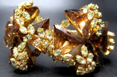 HATTIE CARNEGIE Maltese Cross Yellow & Brown Rhinestone Clamper Bracelet - Image 1 of 4
