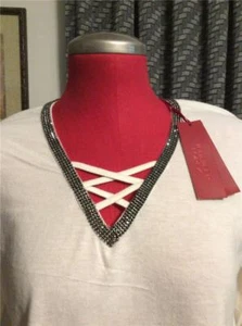 New JENNIFER LOPEZ ivory white strappy v neck tee sweater L marcasite studded - Picture 1 of 1