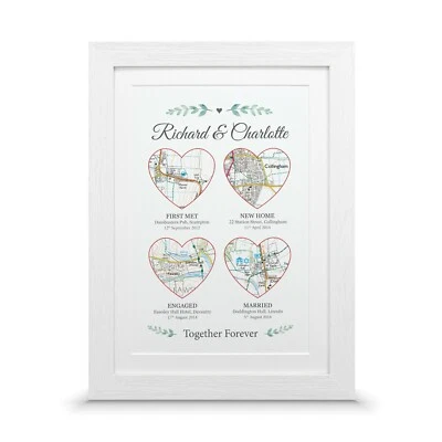 Wedding Anniversary Gift – Four Heart Map Print – Couples Keepsake Wall Art - Image 1 of 4