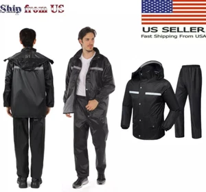 Mens Rain Suits Safety Black Jacket Pants Hooded Waterproof Fishing Raincoat US - Picture 1 of 24