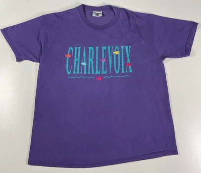 Винтажная футболка Charlevoix Michigan размер XL рыба сделано в США туристическая 90-е - Изображение 1 из 4