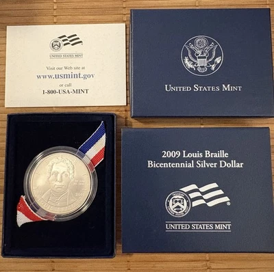 2009-P UNC Louis Braille Silver Dollar OGP With Papers (020) - Image 1 of 3