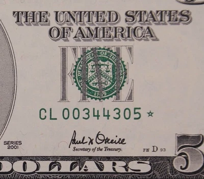 $5 2001 GEM CU Star Federal Reserve Note CL00344305* five dollar, San Francisco - Image 1 of 3