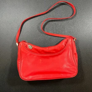 Vintage Albi hellrote Lederhandtasche Handtasche Schulterriemen durchgehender Reißverschluss - Bild 1 von 7