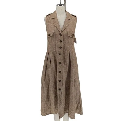 00964 MNG Button Front Linen Midi Shirtdress Tan size 6 preppy minimalist spring - Image 1 of 4