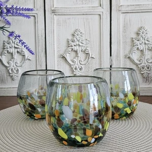 Set 3 Bicchieri Lowball in Vetro Artistico Soffiato a Mano Confetti Colorati - Alto 3,5" - Foto 1 di 7