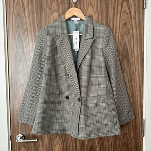 Topshop Petite Green Check Plaid Double Breasted Linen Blend Blazer UK 10 £69 - Picture 1 of 5