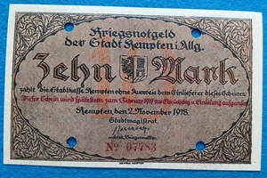 08 214 Dinero de emergencia Stadt Kempten i. Allgäu 10 marcos, 2.11.1918, KN rojo 5 dígitos, Loc - Imagen 1 de 2