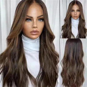 Dark Brown with Honey Blonde Streaks 13x4 Lace Front Wigs 100% Human Hair Wigs - Picture 1 of 7