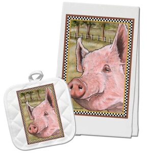 Pig Lovers Farm Kitchen Dish Towel and Pot Holder Gift Set - Picture 1 of 1