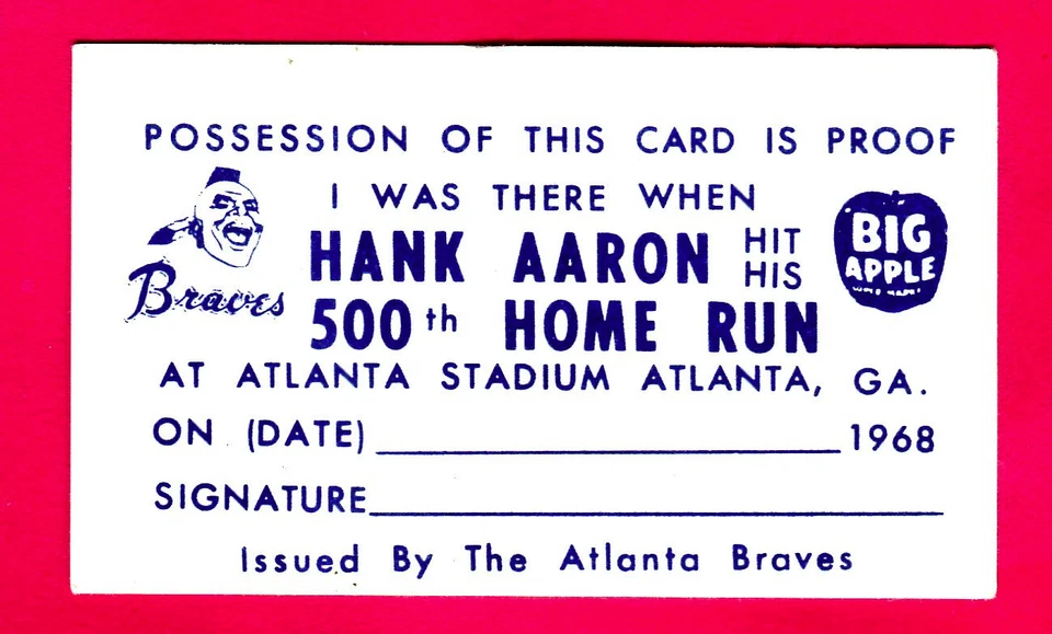 1968 BRAVES HANK AARON 500TH HR I.D. CARD/PASS - Image 1 of 1