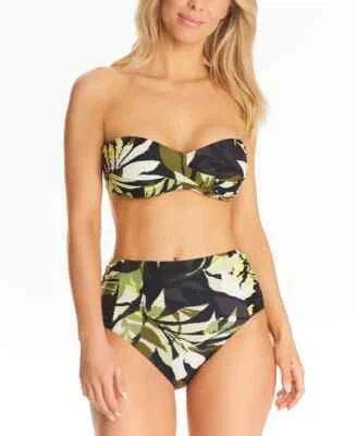 Bar III Desert Palm Twisted Bandeau Bikini Top Womens Size M Black Green Straps - Image 1 of 4