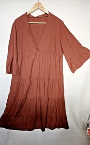 Brown Deep V Neck Tiered Dress Curve Boho Arty Size XL 3/4 Sleeve - - Picture 1 of 5