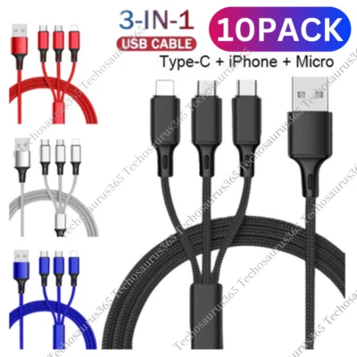 10X Lot 3A Fast USB Charging Cable 3in 1 Charger Cord For iPhone USB-C Micro USB - Image 1 of 4