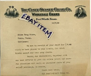 1923 Letterhead CASEY SWASEY Fort Worth TEXAS Governor JAMES HOGG Cigar tobacco - Picture 1 of 1