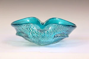 Murano Glass Vintage Italian Venetian Bowl Dish Turquoise Silver Flakes Heavy - Picture 1 of 11