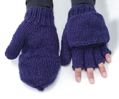Blue PURE WOOL Gloves HANDKNITTED Warm Winter Fingerless Mittens Nepal Lining - Image 1 of 4