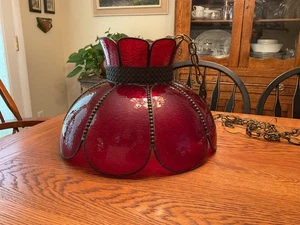 VTG Red Bent Red Slag Glass with Ornate Brass Trim Hanging Electric Lamp w/Chain - Picture 1 of 13