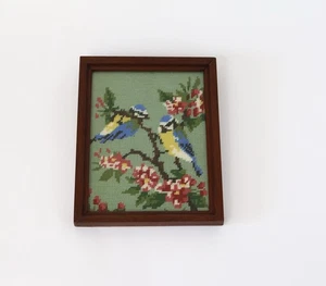 Tapestry Blue Tit Bird Needlepoint Vintage Art Cottagecore Wood Framed In Glass - Picture 1 of 9