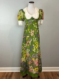 Vtg 1970s Green Floral Dress Peter Pan Collar Size Small Cottagecore Twee - Picture 1 of 14