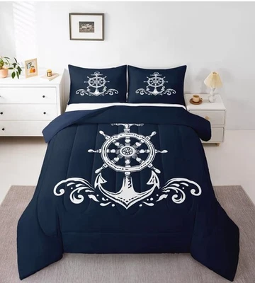 Conjunto de roupa de cama âncora náutica, edredom azul marinho com 2 fronhas de travesseiro tamanho duplo - Imagem 1 de 2