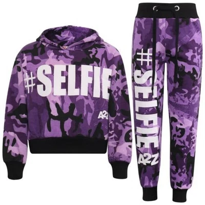 Tuta Bambina Ragazze #Selfie Camouflage Viola Con Cappuccio Top Corto Pantaloni - Immagine 1 di 2