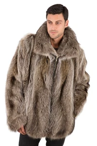 Mens Raccoon Fur Coat Jacket Real Bomber Style Zippered - Picture 1 of 4