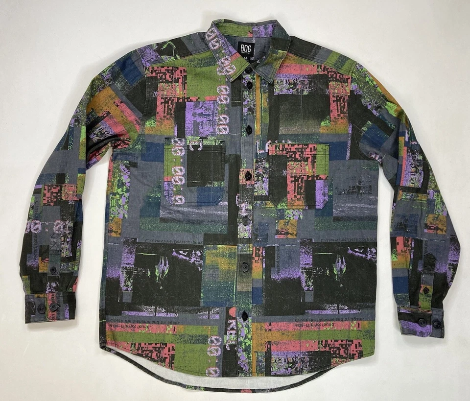 BDG Urban Outfitters Crazy Print Denim Jean Shirt Men Small Long Sleeve Pockets - Image 1 of 4