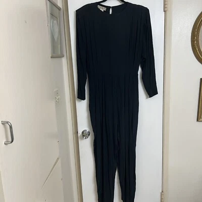 VNTG  80s Liz Claiborne Deep Navy Jumpsuit Open Back Long Sleeve Wide Leg Sz 10 - Image 1 of 4