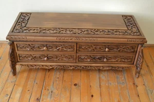 Walnut Wood Hand Carved 4 Drawers TV Unit Farmhouse Media Console Rustic Cabinet - Picture 1 of 13