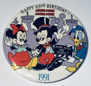 Vintage Disney Pinback Happy 63rd Birthday!! 1991 Mickey Minnie Donald Duck 3” - Picture 1 of 2
