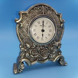 Vintage Wm Widdop Freestanding Clock Ornate Pewter Type Metal Frame Rose Design