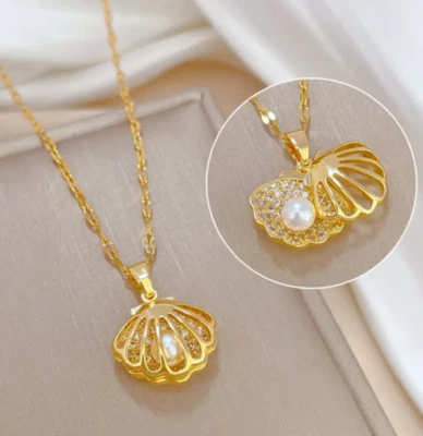 Damen Halskette Muschel Zirkon Anhänger Perlen Schmuck Kette 925 Gold Frau - Bild 1 von 4