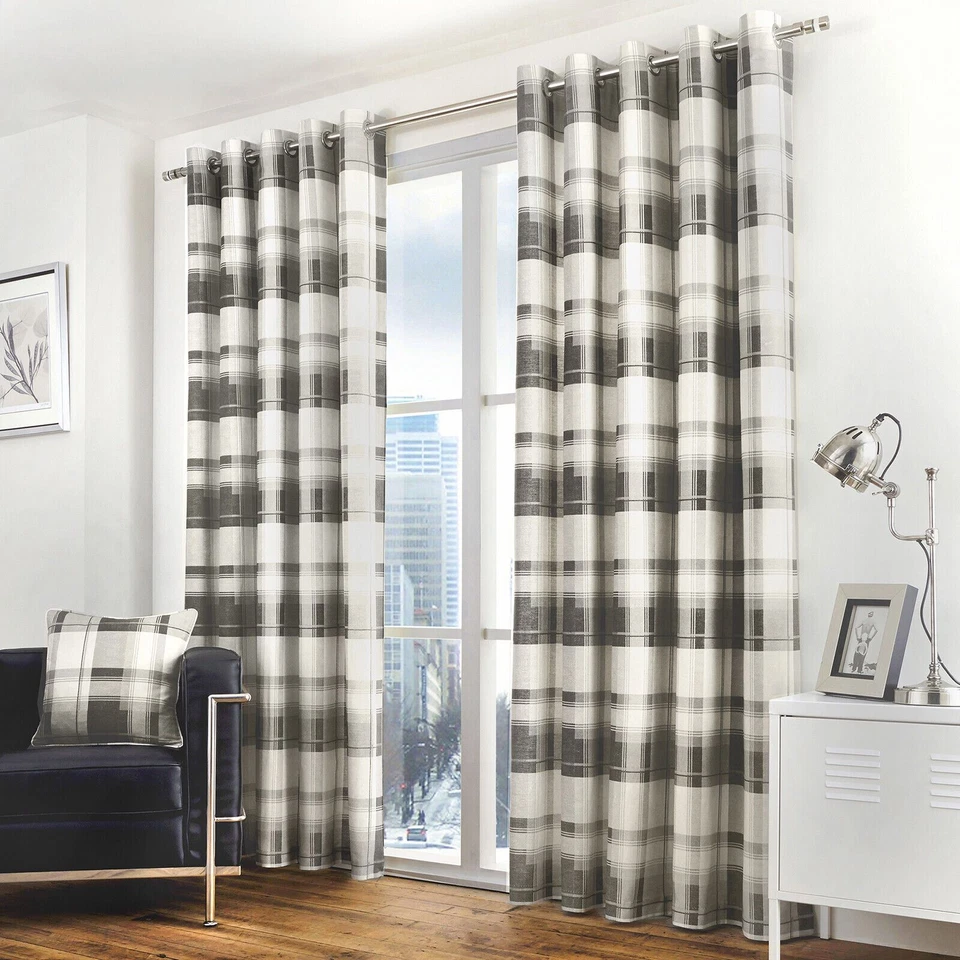 Balmoral Check 100 Cotton Eyelet Lined Curtains Slate 46 X 54 Inch