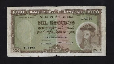 PORTUGAL PORTUGUESE INDIA 1000 ESCUDOS 1959 P-46 VF - Image 1 of 2