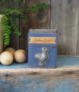 Antique Pantry Tin Blue Calico Sleeve w Tin Chicken Mold Chicken Feed Label - Picture 1 of 8
