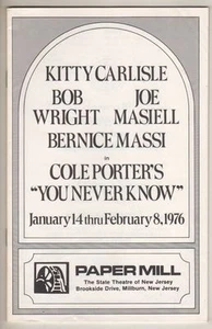 Kitty Carlisle "You Never Know" Cole Porter 1976 Playbill Paper Mill Playhouse - Imagen 1 de 7
