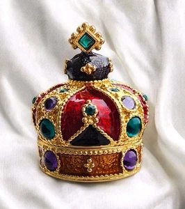 Retired Mike & Ally Enameled Bejeweled Crown Pill Or Trinket Box Cabochons  - Picture 1 of 16