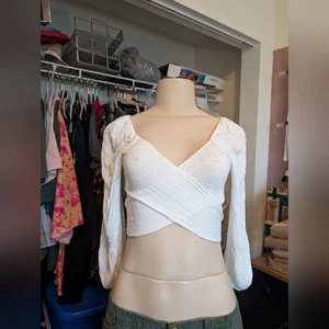 White Criss Cross Crop Top Long Sleeve Blouse Party Club Sexy Womens - Picture 1 of 8