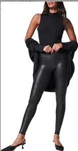 SPANX Black Faux Leather Tummy Control Leggings Faux leather Oil Women Size S/P - Picture 1 of 3