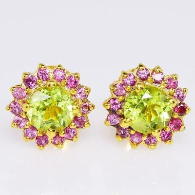 925 STERLING SILVER NATURAL GREEN PERIDOT ROUND &PINK TOURMALINE  STUD EARRING - Image 1 of 4
