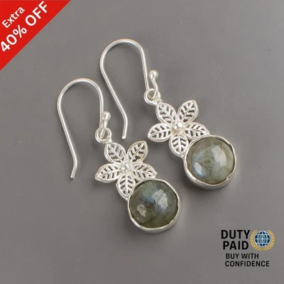 Oferta Cyber Monday Pendientes colgantes de mujer con bisel de labradorita natural de plata 925 Foto 1 de 4