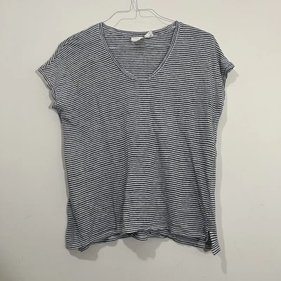 C&C California 100% Linen Top Womens Sz S Blue Striped Short Cap Sleeve Boxy - Image 1 of 4