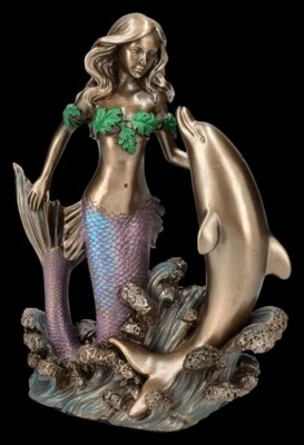 Meerjungfrauen Figur mit Delphin - Fabelwesen Maritime Deko Märchen Fantasy H 19 - Bild 1 von 4