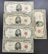 Lot of 5 1963 / 1953 A $5 Five Dollar US Legal Tender Red Seal Repeat Serial #s