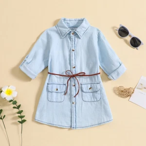 Kinder Mädchen Kleid Denim Kinder Hemd Freizeit Schnürung Einfarbig Ärmel Schick - Bild 1 von 9