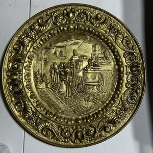 Large vintage brass plate charger wall hanging 22" round Horse & Buggy England - Picture 1 of 13