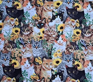 1 Yard Cats & Sunflowers Multicolor 100% Cotton Fabric Cats David Textiles  - Picture 1 of 1
