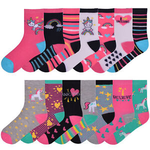 Girls 7 Pairs Ankle Socks Childrens Kids Coloured Novelty Unicorn Design Socks 